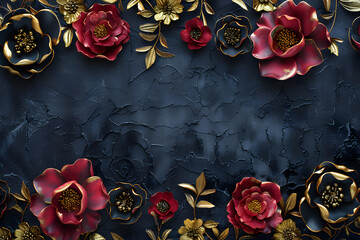 Beautiful floral golden pattern on black textured background.