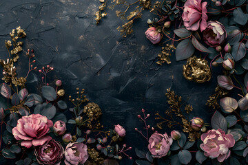 Beautiful floral golden pattern on black textured background.