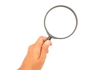Close-up hand holding of a magnifier on a transparent background.