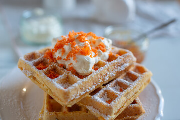 easter breakfast with waffle and powdered sugar  - 746326340