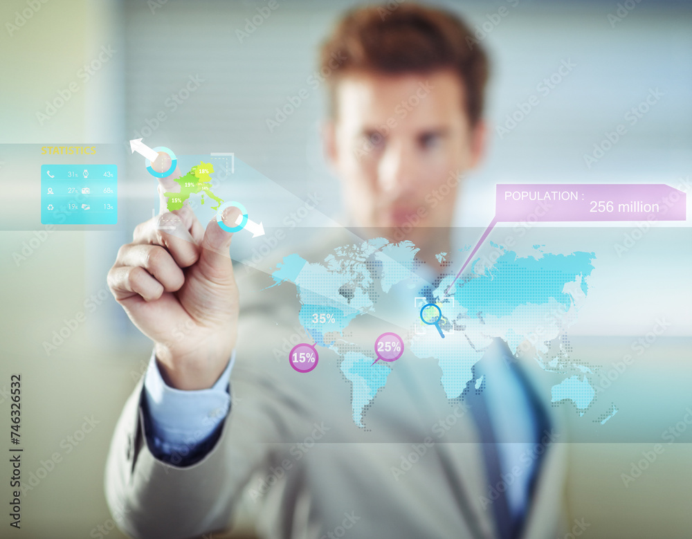Poster Hands, touch map or businessman with hologram or overlay for global technology for population statistics. 3d, database or entrepreneur with touchscreen for future earth, planet or world information