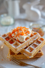 easter breakfast with waffle and powdered sugar  - 746326519
