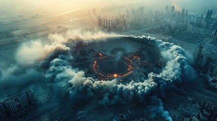 A giant smoking crater in the center of city after the apocalypse, fires, drone view. Generative AI.