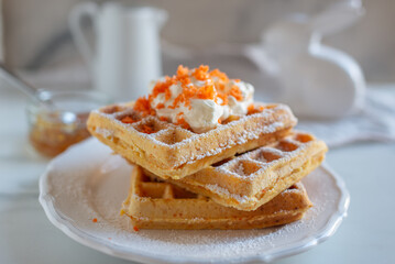 easter breakfast with waffle and powdered sugar  - 746326571