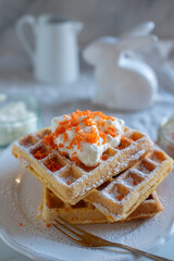 easter breakfast with waffle and powdered sugar  - 746326579