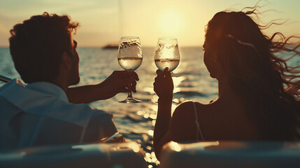 Tourist couple clinks wine glasses on private cruise ship. Ai generate.