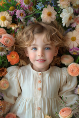 Fototapeta premium Child laying on the flower garden with happy smile, pastel flower tone. 