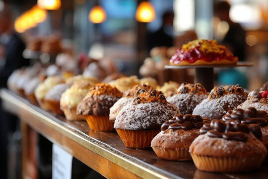 Close-up of tempting assortment of freshly baked goods displayed in a stylish bakery showcase