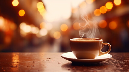 Obraz premium Cup of coffee with steam on bar counter in coffeeshop