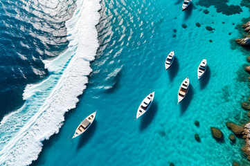 Fototapeta na wymiar Aerial view of boats on crystal clear waves, top view of blue ocean with ships, sunshine. Summertime seascape, azure water in sunny day. Travel illustration concept. Copy ad text space. Generated Ai