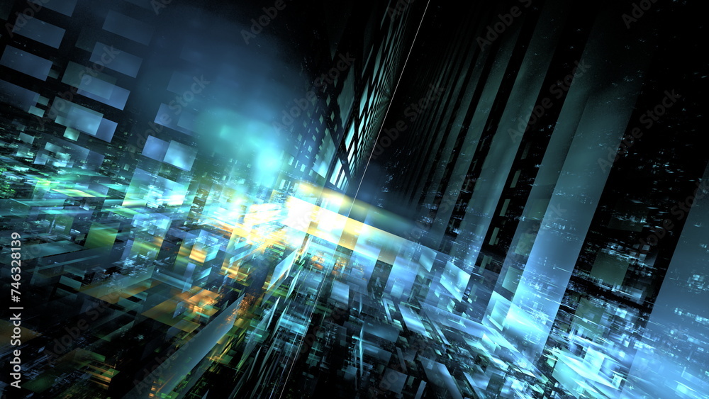 Poster dynamic digital vortex with glowing lights and geometric patterns in a spectrum of blues and greens.