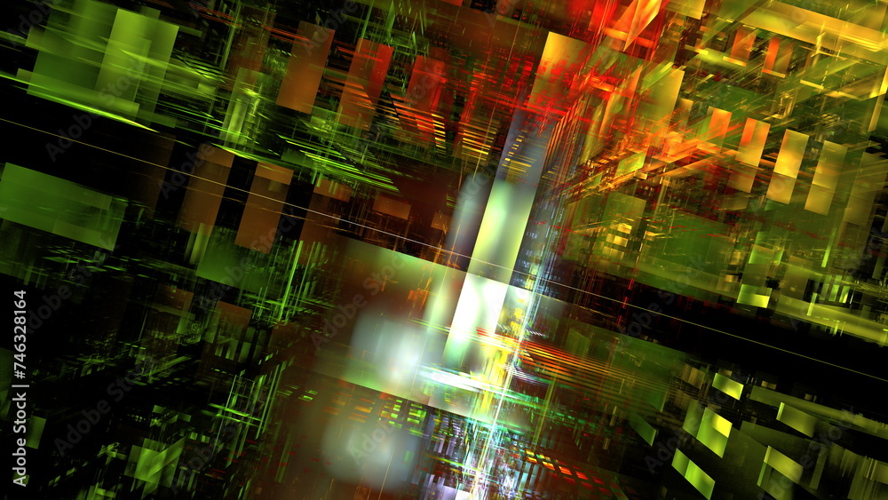 Poster vibrant 3d digital chaos with intersecting lines and exploding light in a spectrum of greens and red