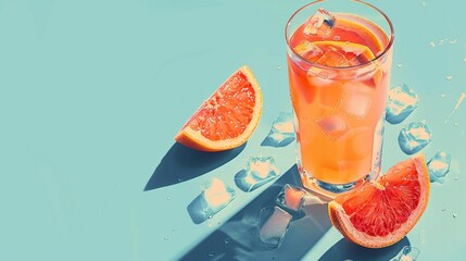 A tall glass of tangy grapefruit juice with ice cubes, refreshing and invigorating on a hot summer day.