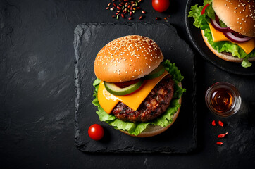 Top view of home made tasty burgers on black stone table, fast food. Gourmet burger and fries on dark black background, flat lay. Food poster illustration concept. Copy ad text space. Generated Ai