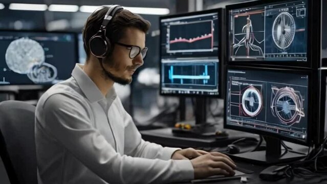  close-up of a neurotechnology researcher exploring brain-computer interfaces, with EEG electrodes and brainwave patterns displayed on monitors