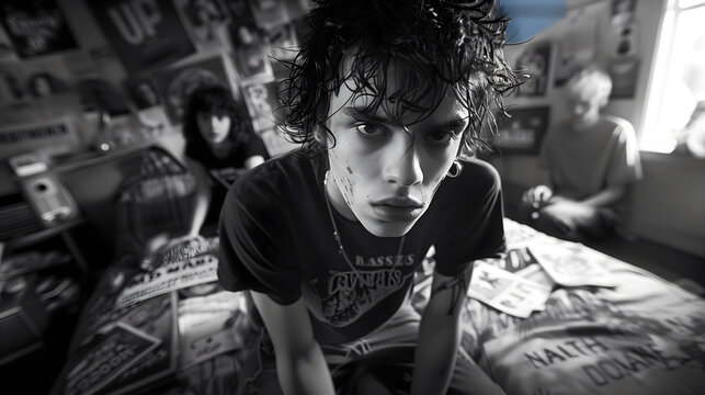 Three skinny teenage rebel boys with attitude hanging out in a messy bedroom, black and white
