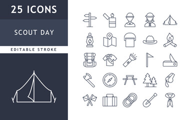 Scout day icons collection. camp day, outdoors, adventure, holiday icons set. vector illustration. editable stroke