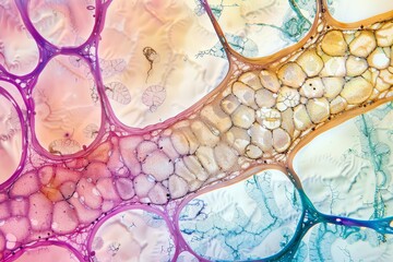 Stock photo of the cross section of a plant root under a microscope revealing cellular structures and root hairs
