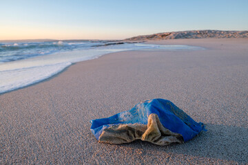 Fototapeta na wymiar plastic abandoned on the beach, Es Trucadors , Formentera, Pitiusas Islands, Balearic Community, Spain