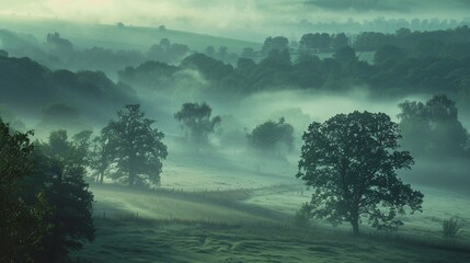 A tranquil foggy morning with mist enveloping the trees and fields, creating an ethereal atmosphere in the early hours.