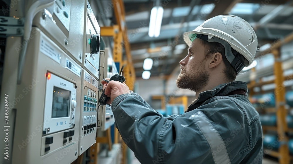 Poster a technician installing an energy meter for at a large factory warehouse. generative ai.