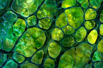 Stock photo of the intricate network in a leaf chlorophyll cells under a microscope vibrant green hues - obrazy, fototapety, plakaty