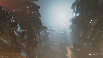 Surreal urban landscape, bathed in eerie blue light, depicts a futuristic cityscape amidst destruction and desolation. Spaceship in space. 3d render
