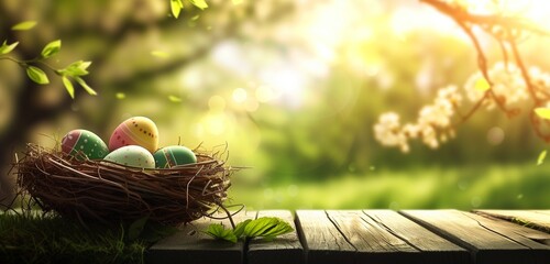 Three painted easter eggs in a birds nest celebrating a Happy Easter in spring with a green grass meadow - obrazy, fototapety, plakaty