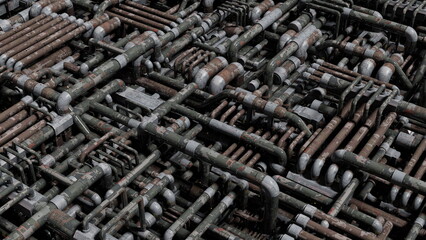 Complex network of industrial pipes creates a labyrinthine mesh, vast mechanical system