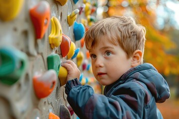 Close-up of a boy climbing on a climbing wall.