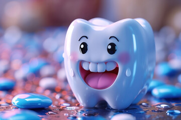 Happy white healthy tooth, cartoon character, toothache concept - 746329112