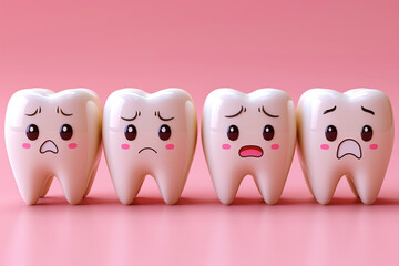 Unhappy white healthy teeth, cartoon characters on a pink background, toothache concept - 746329127