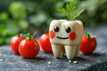 Happy white healthy tooth and fresh vegetables, cartoon character, toothache concept - 746329148