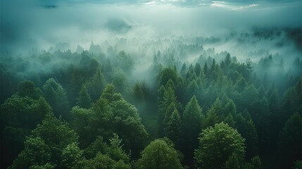 Fototapeta na wymiar Mystical forest, panorama, distant horizon, Aerial high view. Generative AI.