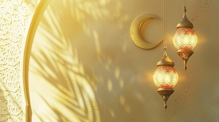 oriental colored lantern Ramadan and Crescent moon in border islamic, With White and gold color background. - obrazy, fototapety, plakaty