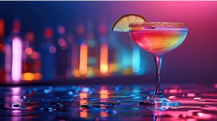 A margarita drink in neon colors on black background, text copy space. Generative AI. - obrazy, fototapety, plakaty