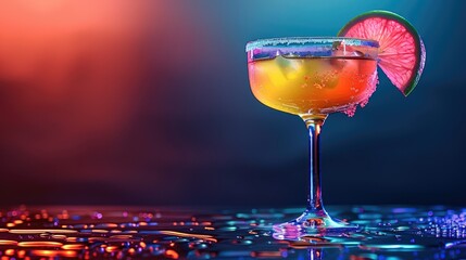 A margarita drink in neon colors on black background, text copy space. Generative AI.