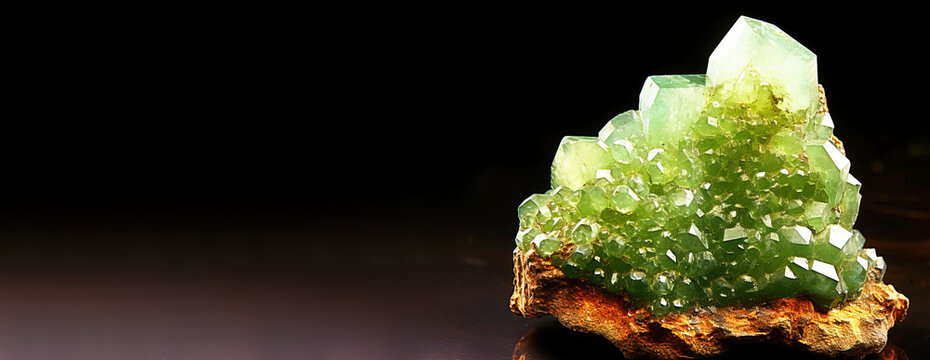 Adamite is a rare precious natural stone on a black background. AI generated. Header banner mockup with space.