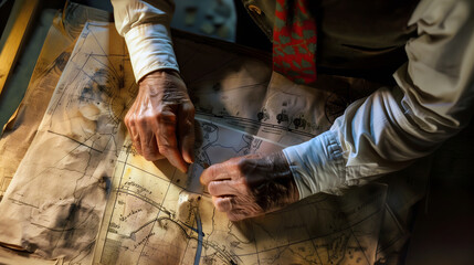 Aged hands tracing routes on a vintage map, illuminated by warm sunlight