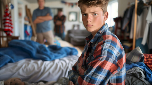 Upset boy in plaid, glaring over shoulder with disapproving parent standing in the back with arms crossed