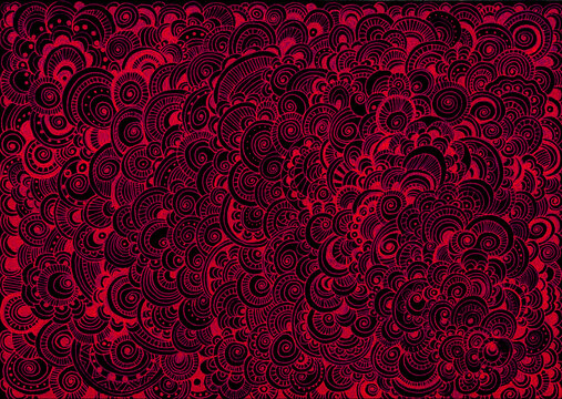 Abstract doodle background. Red lines on black color. Decorative pattern of thin lines, dots, waves, swirls, circles and other elements. Ornament. Elements are repeated.