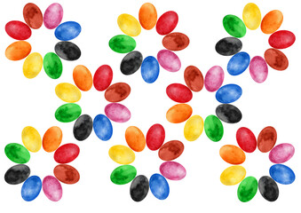 Pattern of multi colored ellipses on white background. Ellipses form circles. They resemble shape of flowers. In circle, all ovals have different color. Watercolor. Rainbow colors and black, brown.