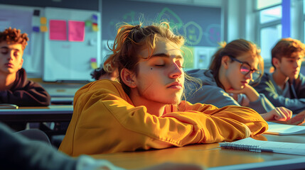 Sleepy teen boy napping in school detention, surrounded by bored classmates - obrazy, fototapety, plakaty