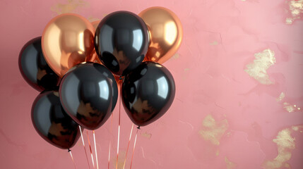 Shiny gold and black color balloons with helium on pink background. Concept of happy birthday, new year, party, wedding, valentine. Generative AI.