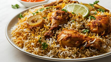 Delicious Chicken Biryani on Plate, Isolated on White Background