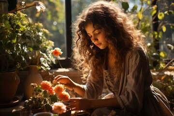 A beautiful woman is resting while caring for flowers on the window.