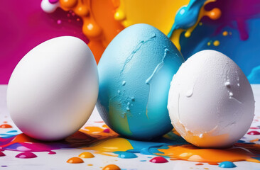 White and blue Easter eggs with drops and splashes of paints.