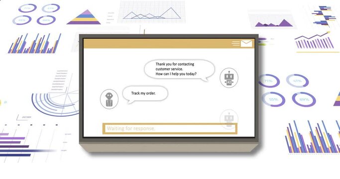 Animation of ai text, chat bot and data processing over computer screen
