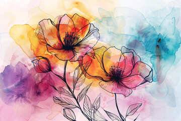 Hand drawn flowers in watercolor and graphic lines