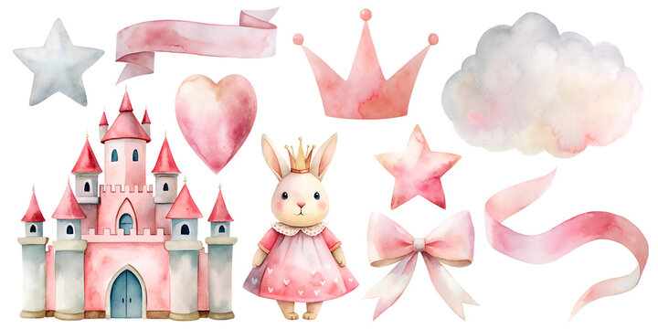 Watercolor illustration set with princess bunny, castle, stars, ribbon, crown. Isolated on transparent background. Perfect for card, postcard, tags, invitation, printing, wrapping, stickers.